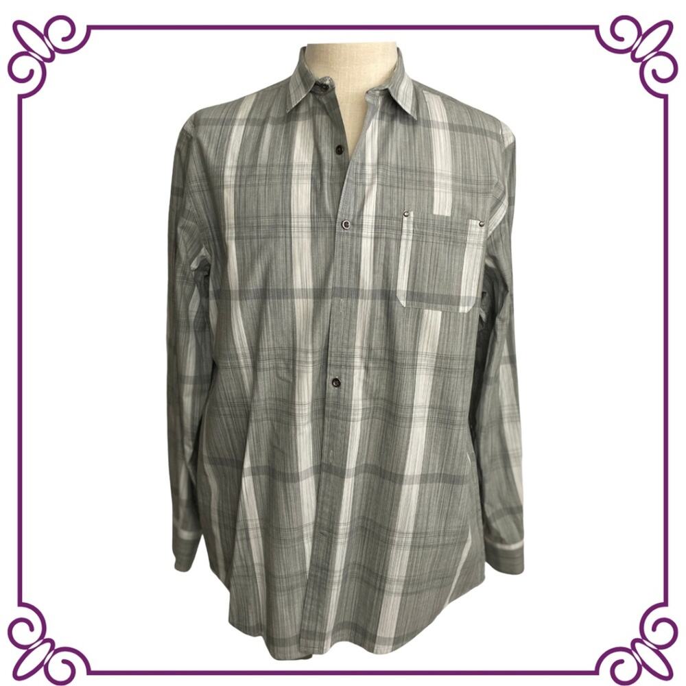 AXIST Slim Fit Long Sleeve Gray & White Plaid Cotton Shirt Large